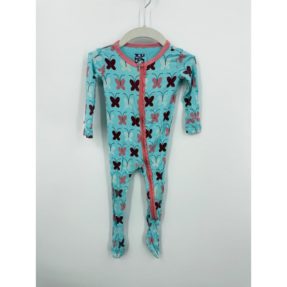 KicKee Pants Butterfly Footie Sleeper Baby 9-12 Months Blue Ruffle Bamboo Zip